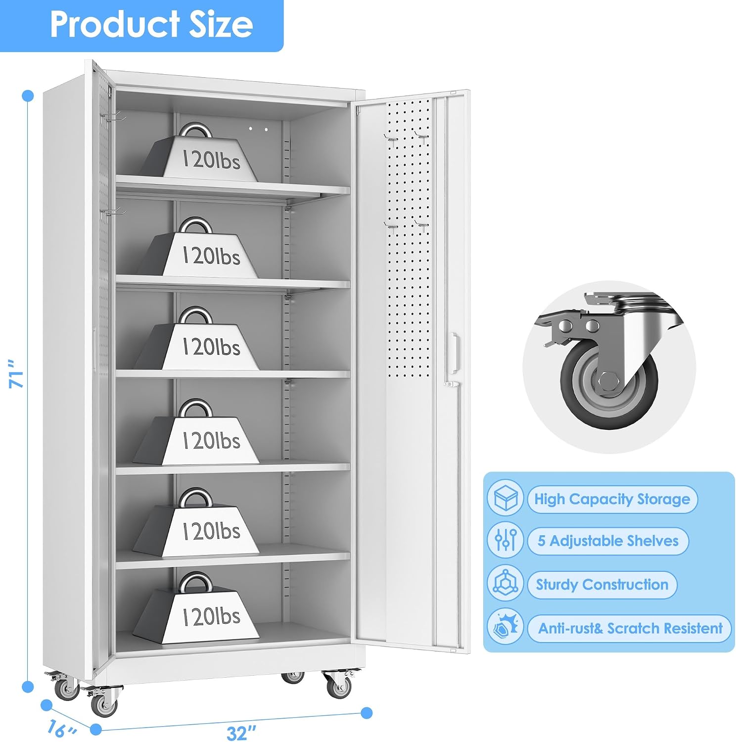 71' Tall Rolling Metal Storage Cabinet with Locking Doors, White Heavy Duty Tool Cabinet with Wheels, 5 Adjustable Shelves & Pegboards for, Workshop, Garage, Warehouse, Assembly Required