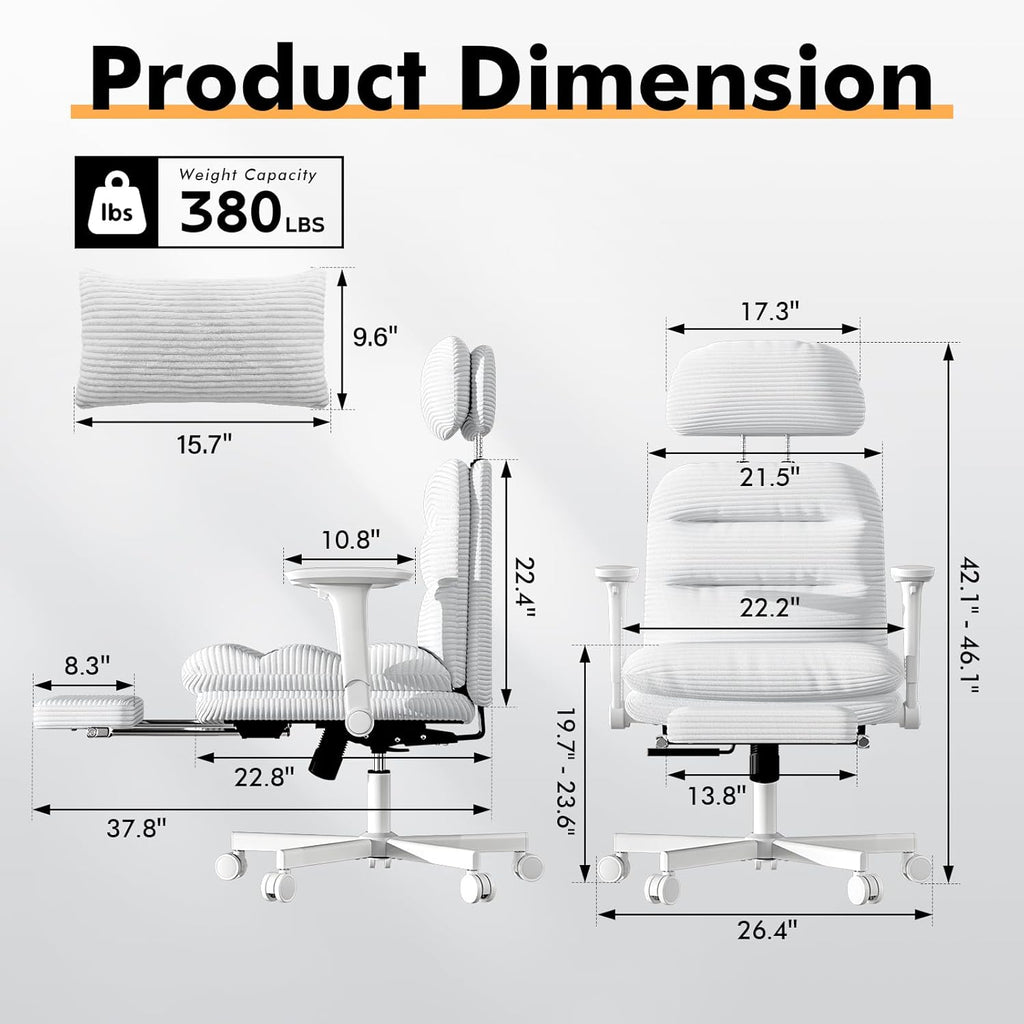 GXJ Criss Cross Chair with Flip-up Arms, Executive Office Chair with Foot Rest, Cross Legged Office Chair G800 Plus, Extra Lumbar Pillow, Corduroy Comfy Computer Desk Chair for Home, White