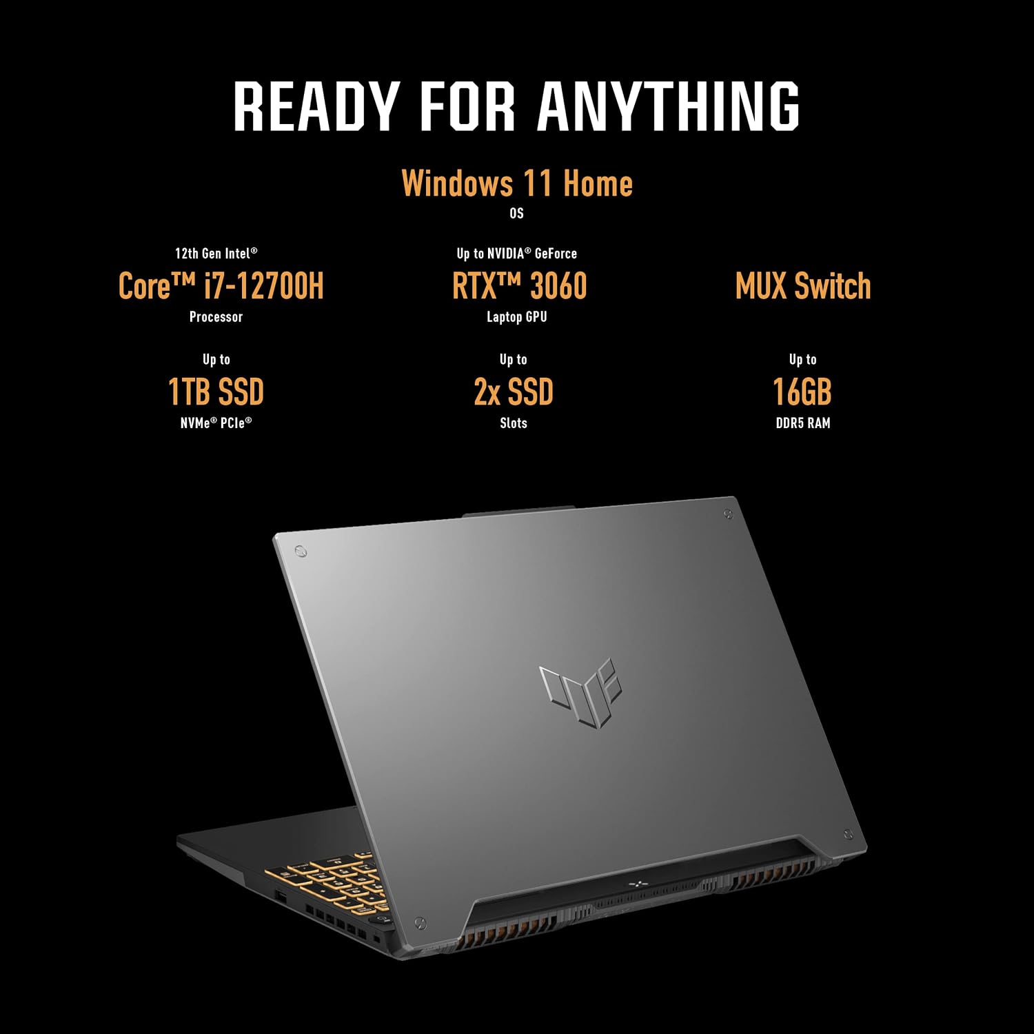 ASUS TUF Gaming F15 Gaming Laptop, 15.6â€ 144Hz FHD IPS-Type Display, Intel Core i5-11400H Processor, GeForce RTX 3050 Ti, 16GB DDR4 RAM, 512GB PCIe SSD, Wi-Fi 6, Windows 11 Home, FX506HEB-RS53, Black