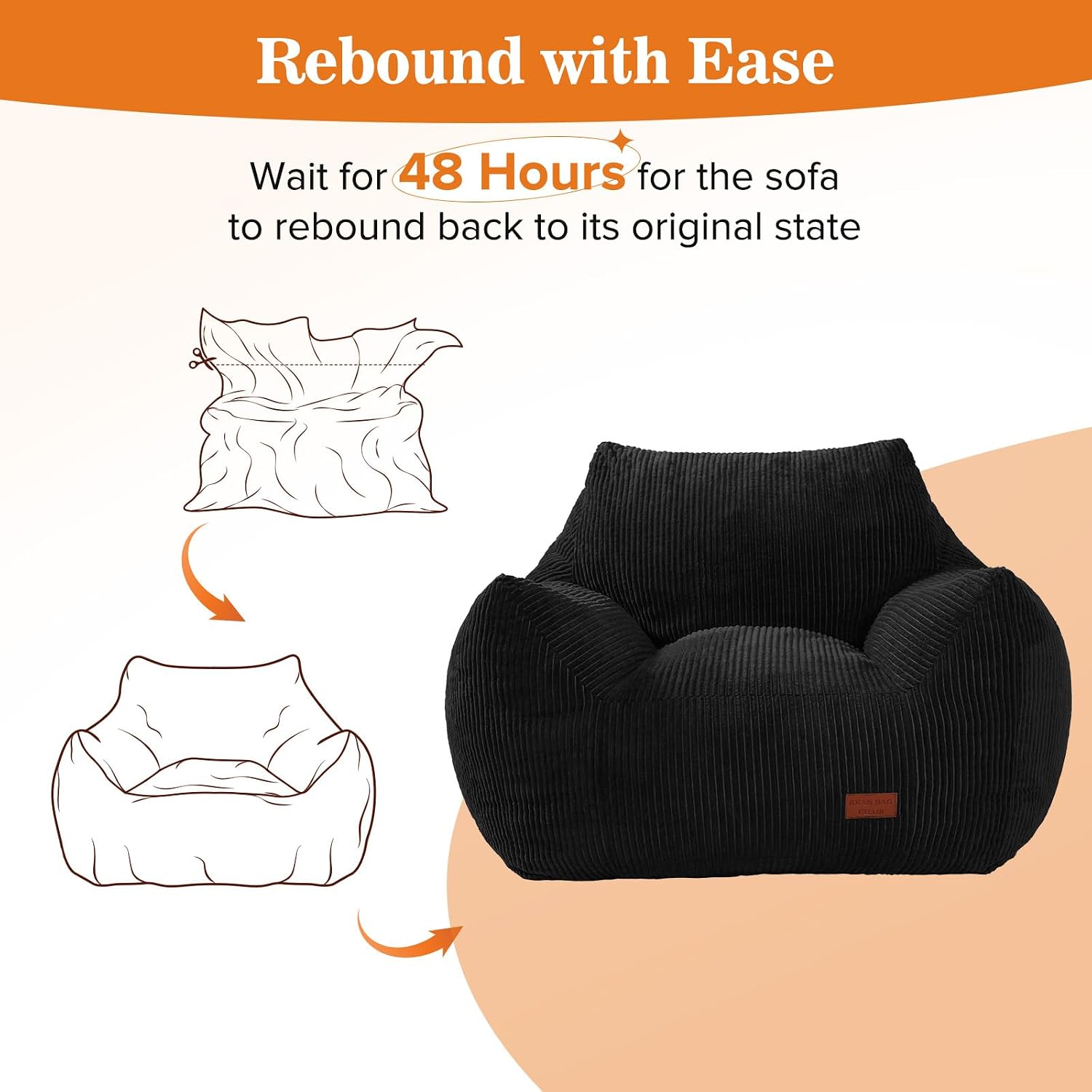 Big Bean Bag Chair for Adults, Ultra Soft Living Room Bean Bag with Armrests, Stuffed BeanBag Chair for Napping, Gaming, Vacuum-Compressed for Easy Gifting, 48 Hours to Fluffs Up, Black