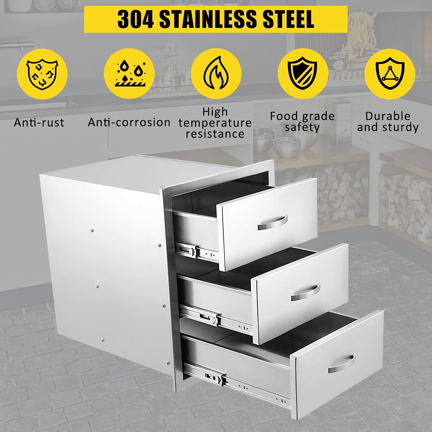 15.7W x 17.7D x 21.6H Inch Outdoor Kitchen Drawers Stainless Steel, Flush Mount Triple Drawers with Stainless Steel Handle, Venting Panel Weatherproof for Kitchen Island Patio, Grill Station