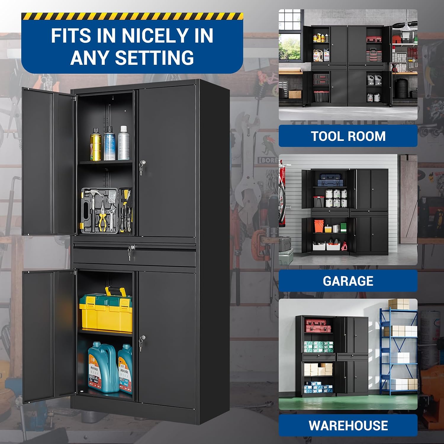 Fesbos 71' Metal Cabinet-Black Heavy Duty Storage File Cabinet Steel Tool Cabinets with Shelves, Lockable Doors and Drawers- for Garage, Pantry, Warehouse - Assembly Required