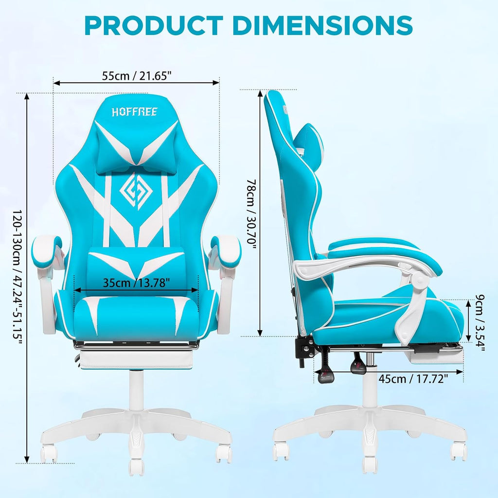 HOFFREE Massage Gaming Chair for Kids Computer Gamer Chair with Footrest and Lumbar Support Reclining PC Game Chair with Headrest for Gaming Room Light Blue and White