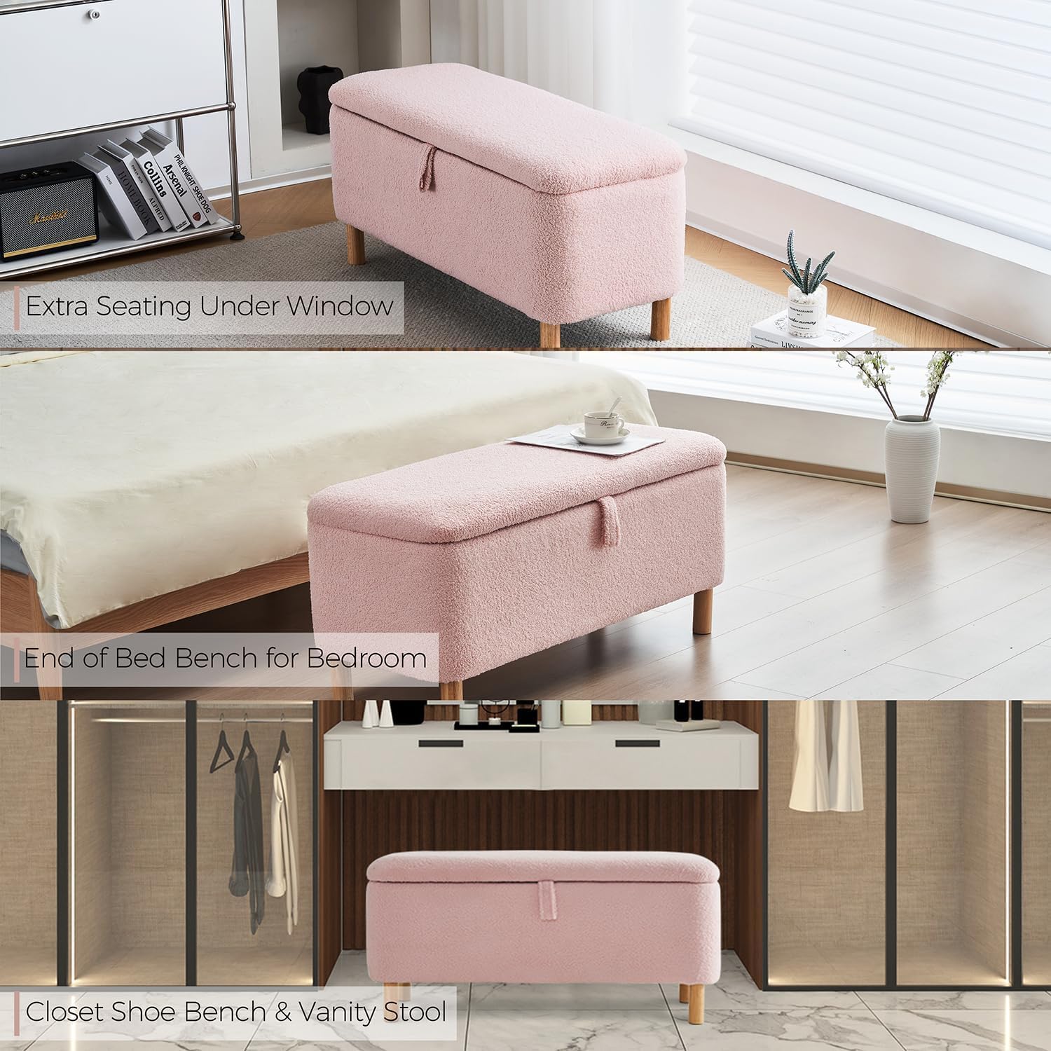 Boucle Storage Ottoman Bench for Bedroom end of Bed, Sherpa Upholstered Shoe Seat Storage Bench for Entryway Bed Foot, Rectangle Cushion Padded Blanket Chest Cute for Living Room, Pink