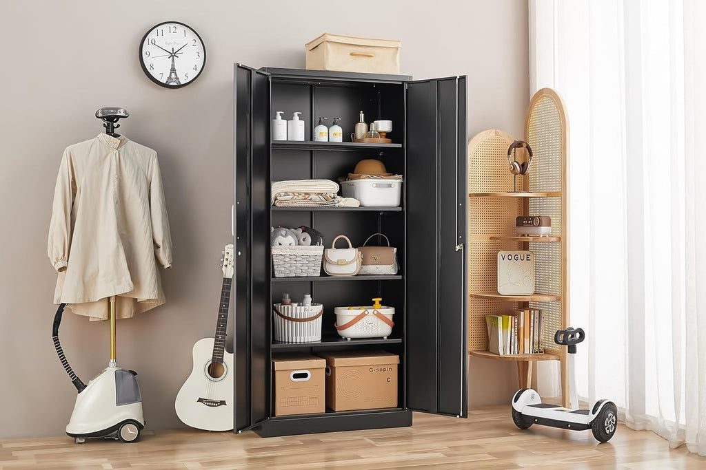 Guizeeopo Metal Storage Cabinet with Adjustable Shelves, Garage Storage Cabinets with Doors and Shelves, File Cabinets for Home Office, Kitchen Pantry Cabinet, 71'H, Black