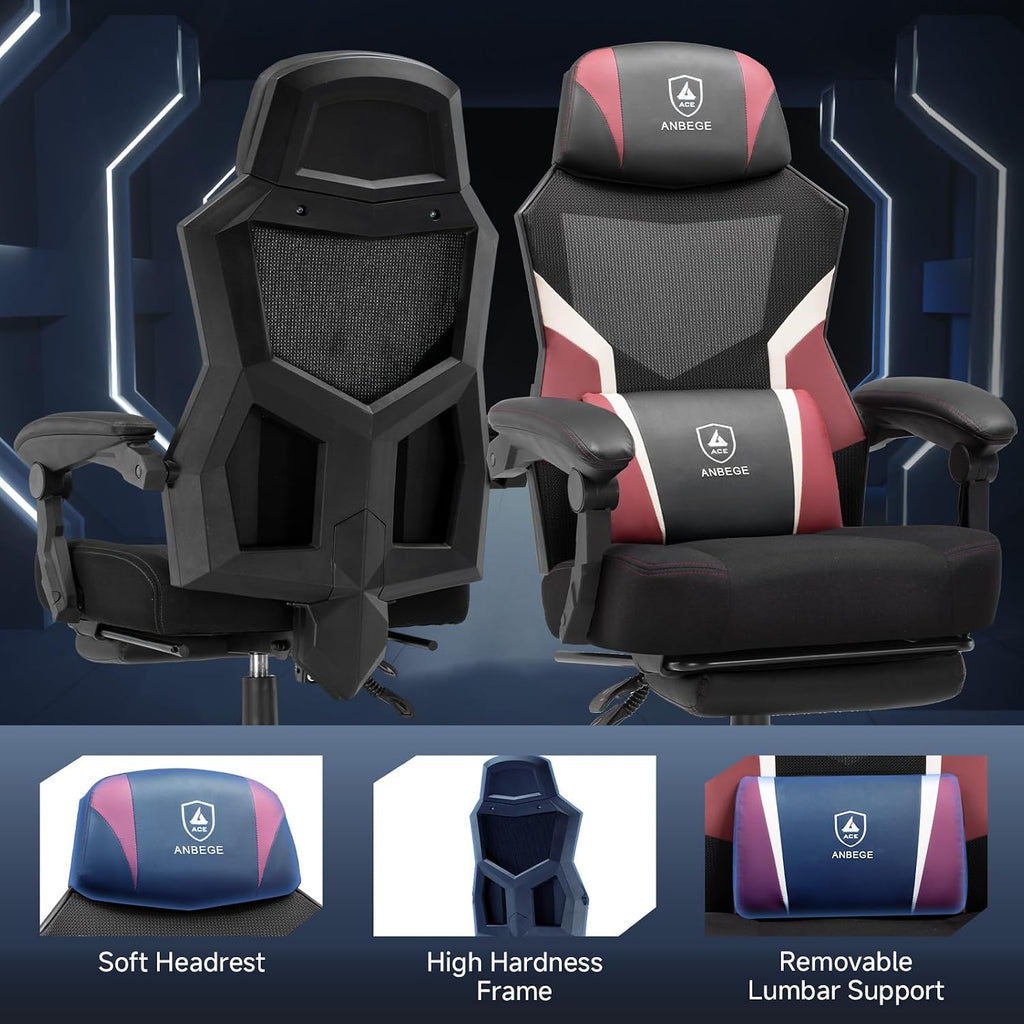 Ergonomic Mesh Video Gaming Chair with Footrest, Height Adjustable Computer Chair with Lumbar Support, High-Back Breathable Reclining Swivel Chair for Adults Home Office & Work (Red)
