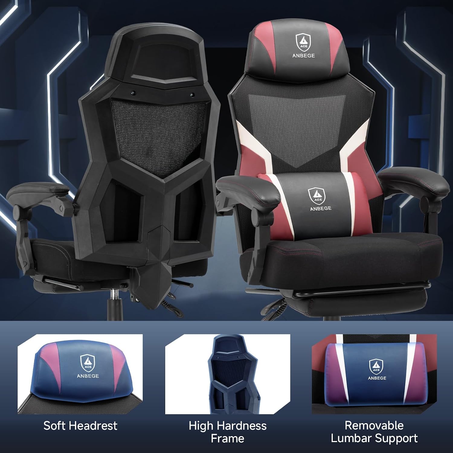 Ergonomic Mesh Video Gaming Chair with Footrest, Height Adjustable Computer Chair with Lumbar Support, High-Back Breathable Reclining Swivel Chair for Adults Home Office & Work (Red)