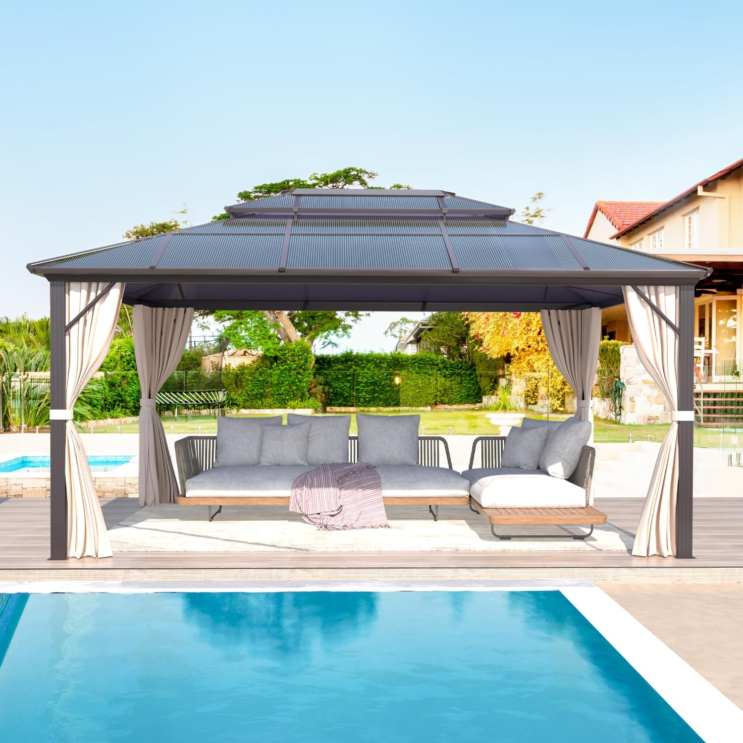 EROMMY 12'x16' Gazebo Polycarbonate Double Roof Pavilion Gazebo Outdoor Aluminum Frame Canopy with Netting and Curtains for Garden Patio Lawns Parties