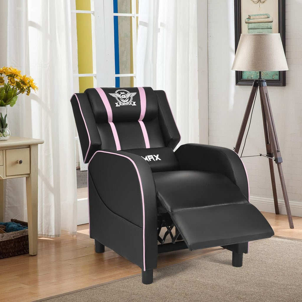 POWERSTONE Gaming Recliner Chair, Reclining Gaming Chairs for Adults Ergonomic Leather Sofa with Footrest Lumbar Support Headrest and Side Pouch for Living Room Home Theater, Pink