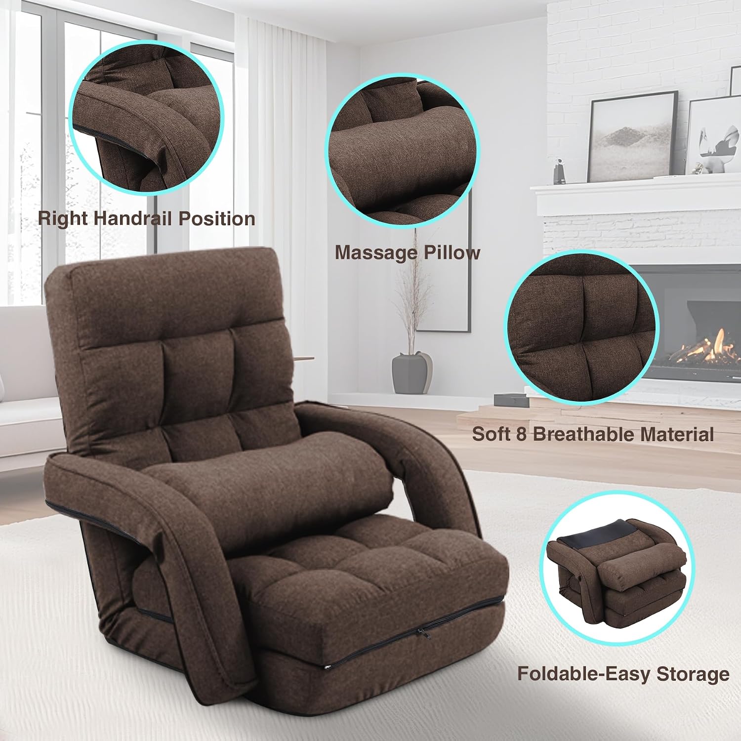 Adjustable Floor Chair for Adults with Back Support,5-Position Folding Lazy Sofa with Pillow, Gaming & Meditation Chair with Breathable Fabric - for Living Room, Bedroom, Office,Balcony (Brown)