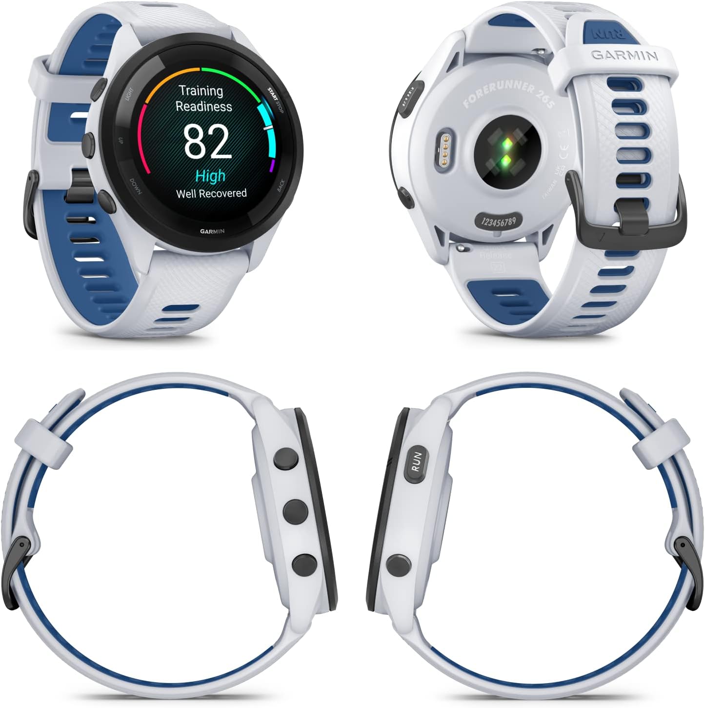 Garmin Forerunner 265 Music GPS Running 46 mm Smartwatch, Whitestone with AMOLED 1.3 in Touchscreen Display Black Earbuds Bundle, White +Blk EarBuds