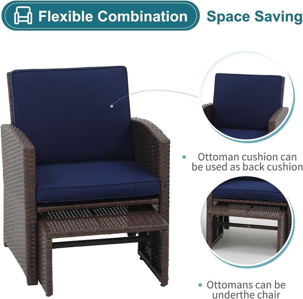 OC Orange-Casual 6 Piece Patio Wicker Furniture Set, Balcony All Weather Rattan Chair, with Space Saving Ottoman, Resin Nesting Coffee Table, Modern Design, Blue