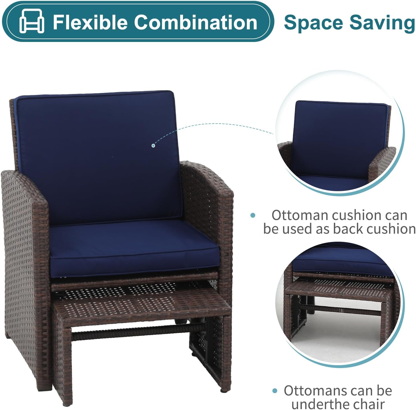OC Orange-Casual 6 Piece Patio Wicker Furniture Set, Balcony All Weather Rattan Chair, with Space Saving Ottoman, Resin Nesting Coffee Table, Modern Design, Blue