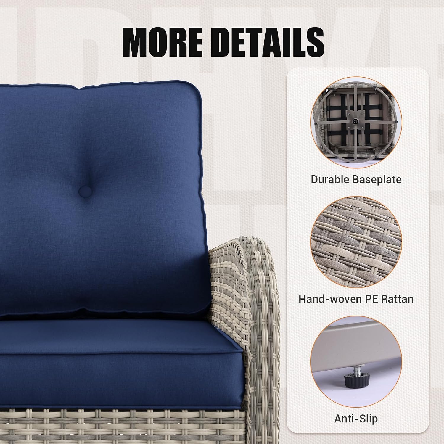 7Pcs Patio Rocking Swivel Chair with 55,000 BTU Fire Pit Table Outdoor Wicker Rattan Bistro Set with Tempered Glass Side Table, Outdoor Patio Furniture Set for Garden and Balcony, Blue