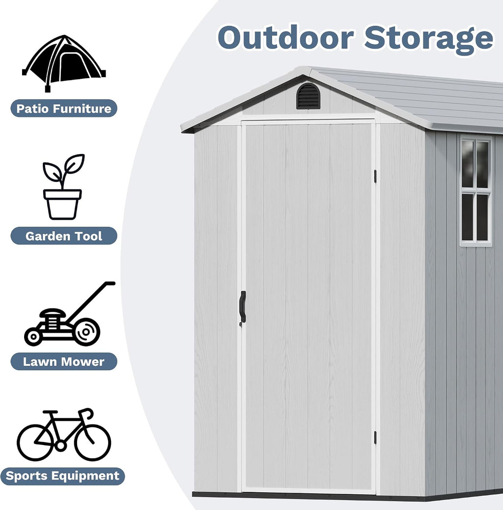 Devoko 4×8 FT Resin Storage Shed with Floor, Garden Plastic Outdoor Shed with Window and Lockable Door, Waterproof Outside Tool shed for Backyard Patio, Light Grey