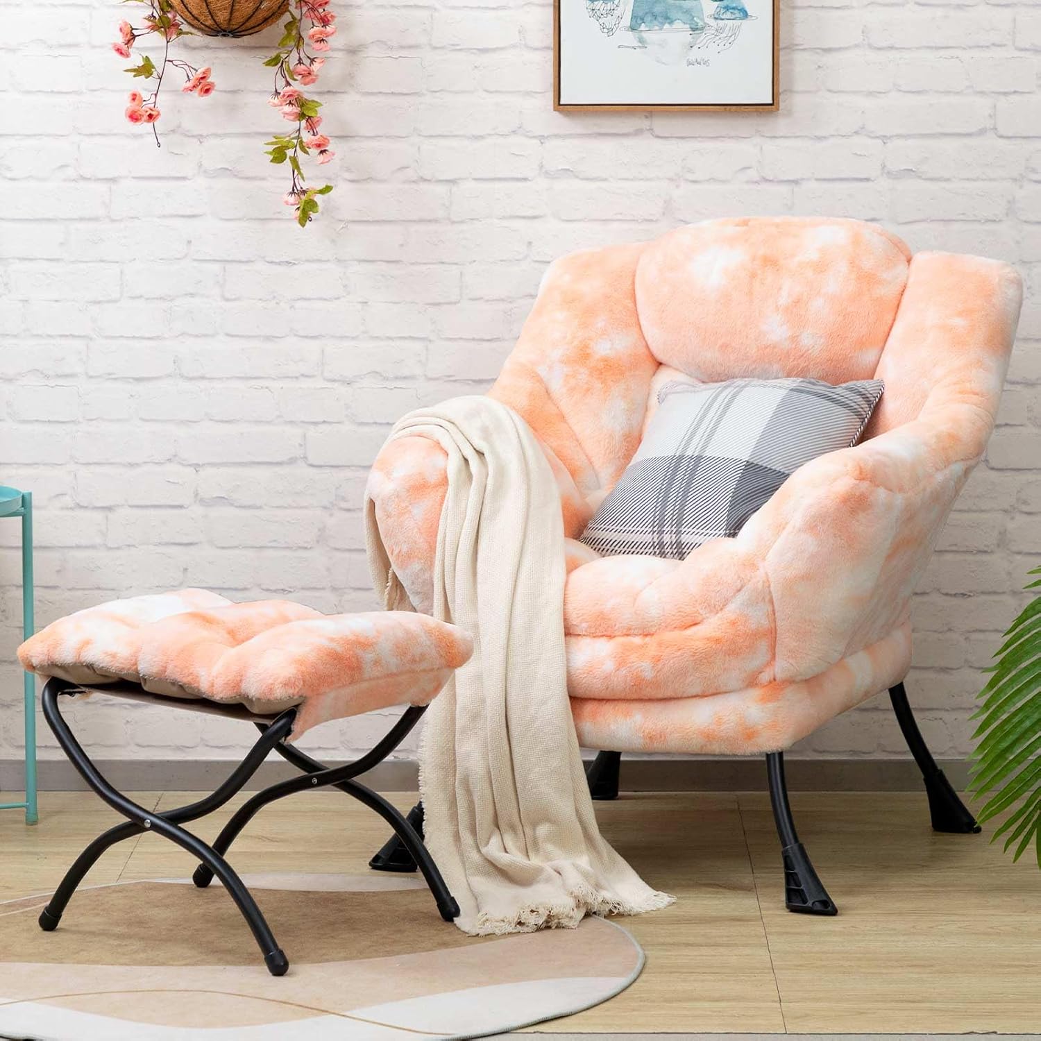HollyHOME Lazy Chair with Foldable Ottoman, Accent Comfy Lounge Armchair and Folding Footrest Stool, Leisure Sofa Reading Chair and Footstool for Living Room, Bedroom, Dorm,Faux Fur Peach