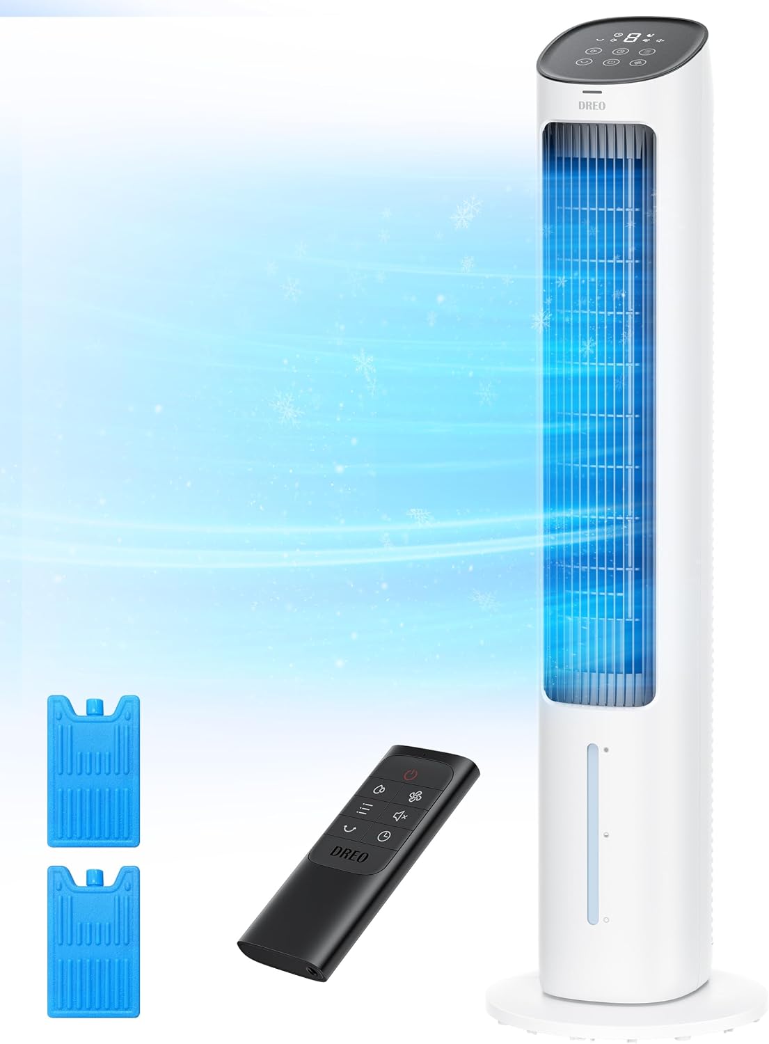 DREO Evaporative Air Cooler, 40' Cooling Fans that Blow Cold Air, 80° Oscillating, Removable Water Tank, Ice Packs, Remote Control, 4 Speeds, 7H Timer, Swamp Cooler for Bedroom, White
