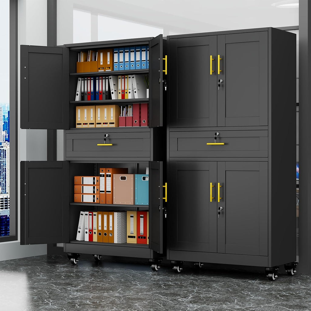 Black Metal Storage Cabinet, 71' Tall Locking Storage Cabinet with 2 Adjustable Shelves, Steel Locker Organizer, for Office, Home, School