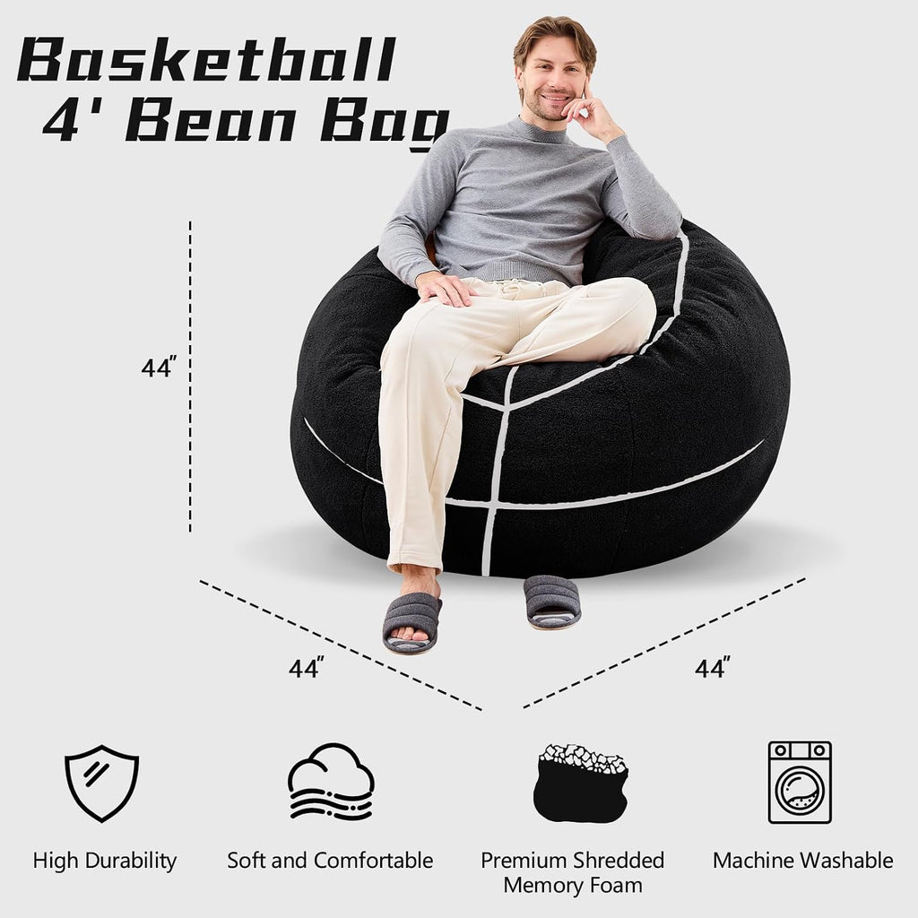 Sports Black Basketball Bean Bag Chair - Giant Bean Bag Chairs for Adults and Kids - Oversized Bean Bag Sofa Couch with Filler - Plush BeanBag Furniture for Living Room Bedroom Dorm Office - 44 Inch