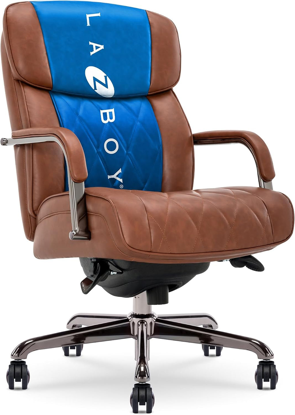 La-Z-Boy Symphony Executive Mid-Back Office Chair, Diamond Quilt Seat and Back, Pocket Coil Cushion, Padded Armrests, Ergonomic Computer DeskChair, Swivel Metal Base, Bonded Leather, Cognac/Graphite