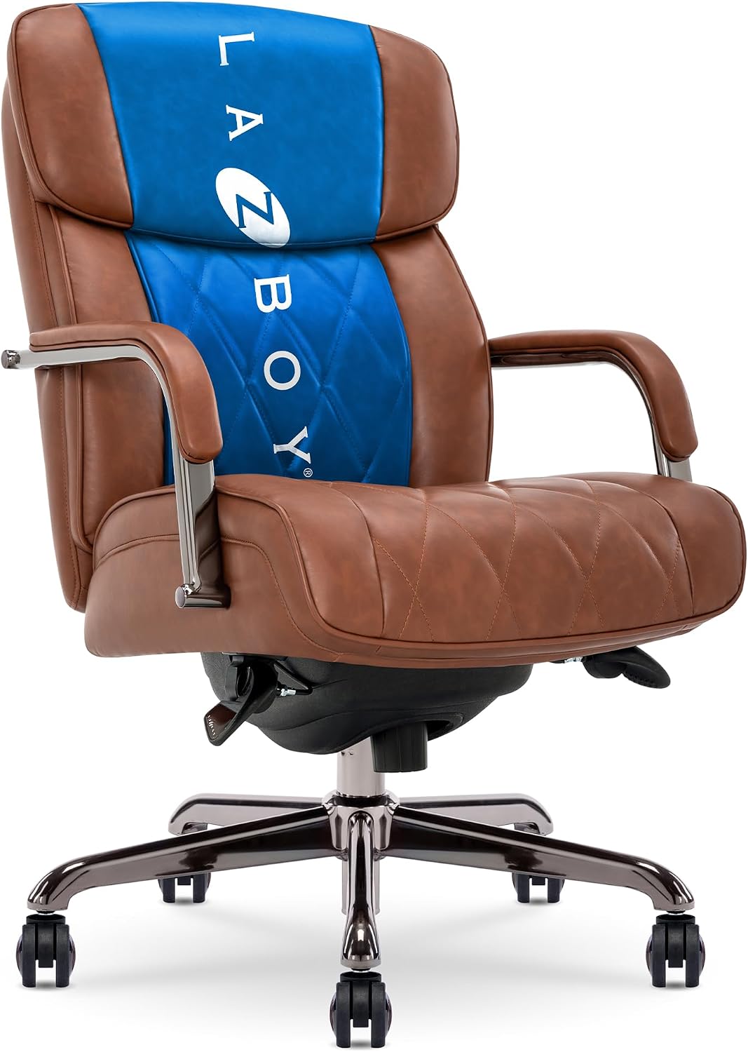 La-Z-Boy Symphony Executive Mid-Back Office Chair, Diamond Quilt Seat and Back, Pocket Coil Cushion, Padded Armrests, Ergonomic Computer DeskChair, Swivel Metal Base, Bonded Leather, Cognac/Graphite
