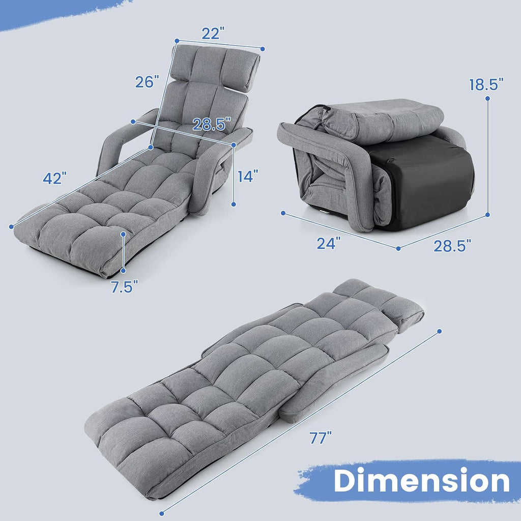 Giantex Foldable Lazy Sofa Bed, 6-Position Adjustable Floor Chair Chaise Lounge with Armrest and Footrest, Padded Gaming Recliner for Reading Living Room Bedroom Indoor (Gray)