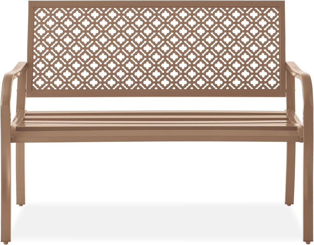Best Choice Products Outdoor Bench 2-Person Metal Steel Benches Furniture for Garden, Patio, Porch, Entryway w/Geometric Backrest, 790lb Capacity - Taupe