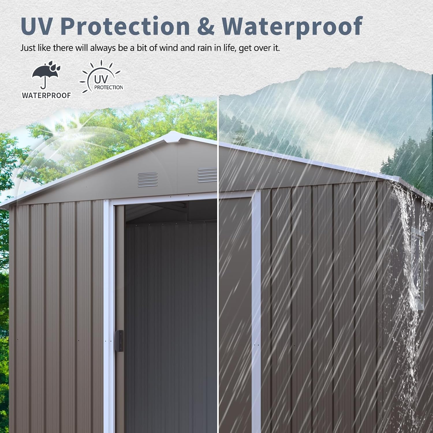 KEIKI 8x4 FT Outdoor Metal Storage Shed with Peaked Roof,Vents,Window and Metal Foundation for Garden Yard Lawn