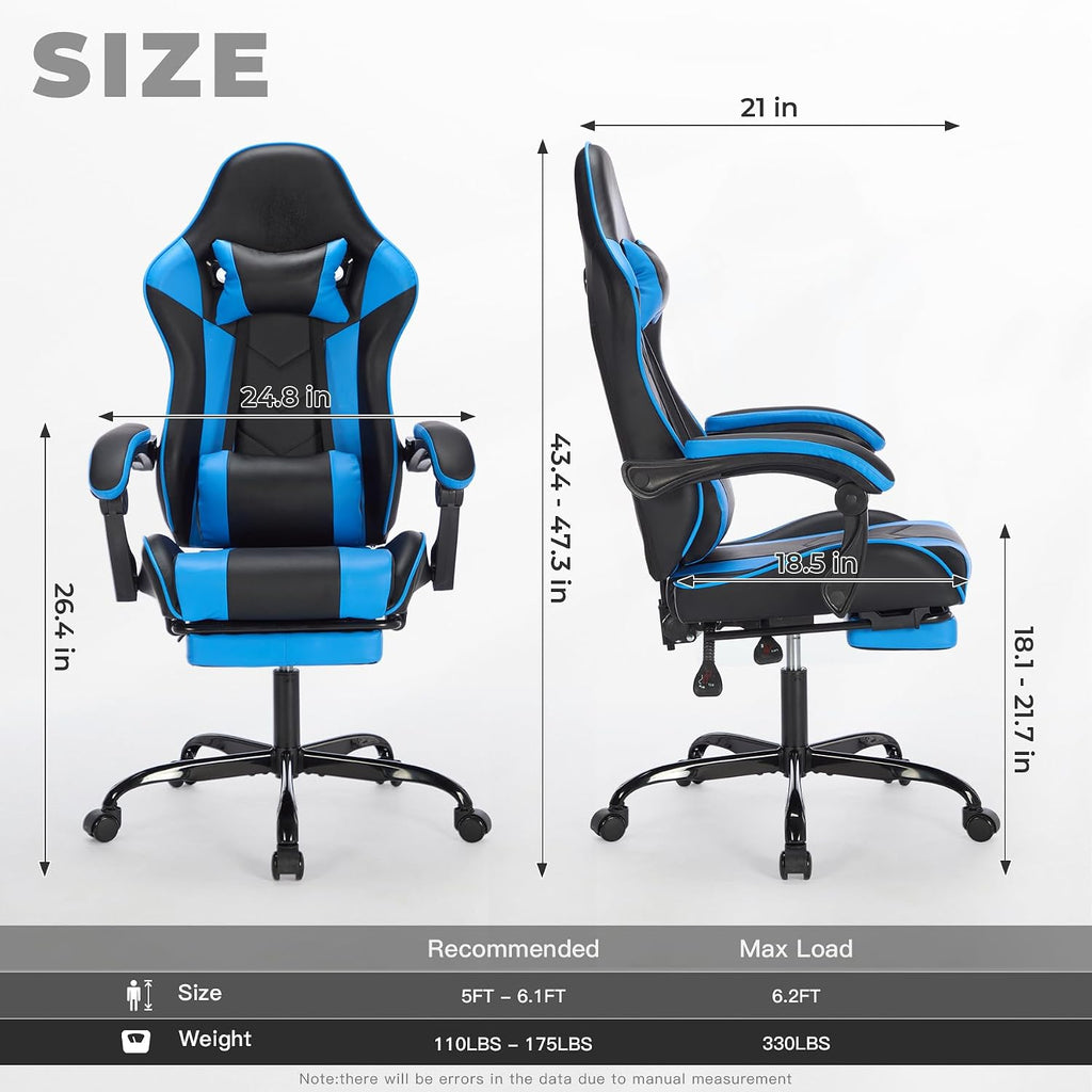 Gaming Chair with Footrest, Ergonomic Computer Chair with Headrest and Lumbar Support, Breathable Material Height Adjustable Swivel Video Game Chairs for Adults, 300lbs Max, Black & Blue