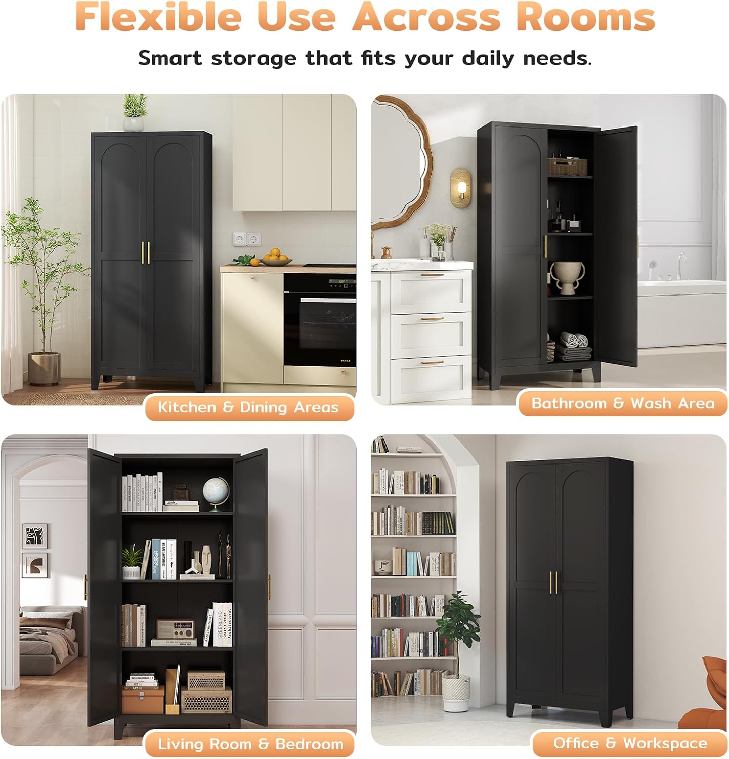 Zevemomo 61' H Metal Kitchen Pantry Cabinet, Freestanding Cupboard with 2 Doors and 3 Adjustable Shelves, Tall Metal Storage Cabinet for Kitchen, Bathroom, Dinning Room or Laundry Room （Black）