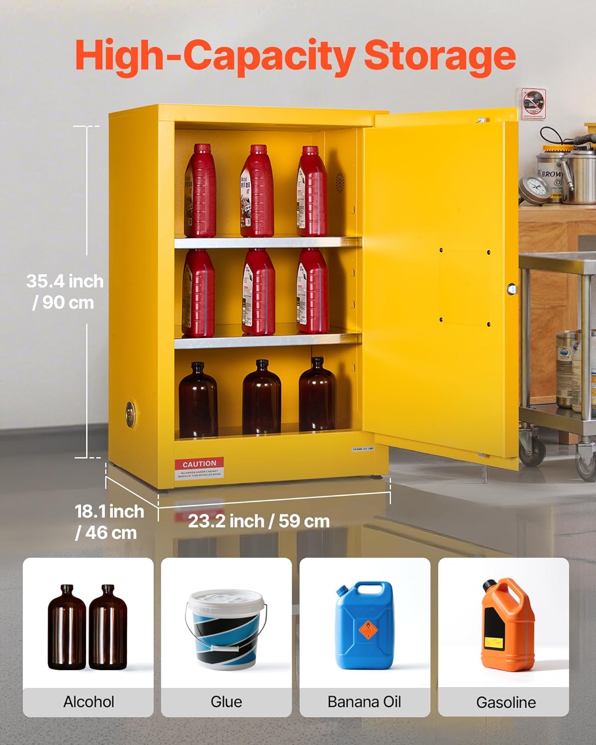 VEVOR Flammable Cabinet 18' x 24' x 65', 13 Gallon Flammable Storage Cabinet with Adjustable Shelf, Cold-Rolled and Galvanized Steel Fire Cabinets, for Commercial Industrial Home Use, Yellow
