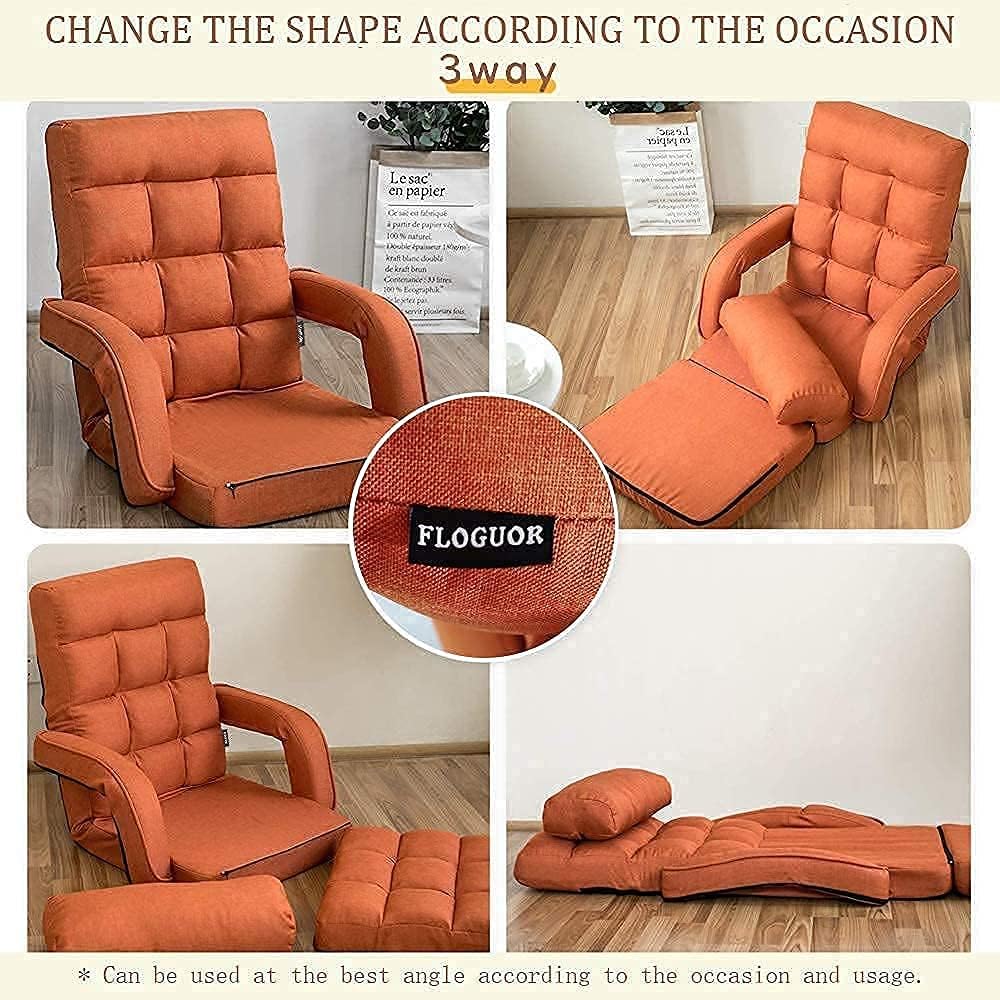 Floor Chair, Chaise Lounge Indoor, 14-Position Adjustable Folding Lazy Sofa with a Pillow Padded Adults Gaming Chairs for Living Room, Bedroom Factory Price (Orange) 8803OR