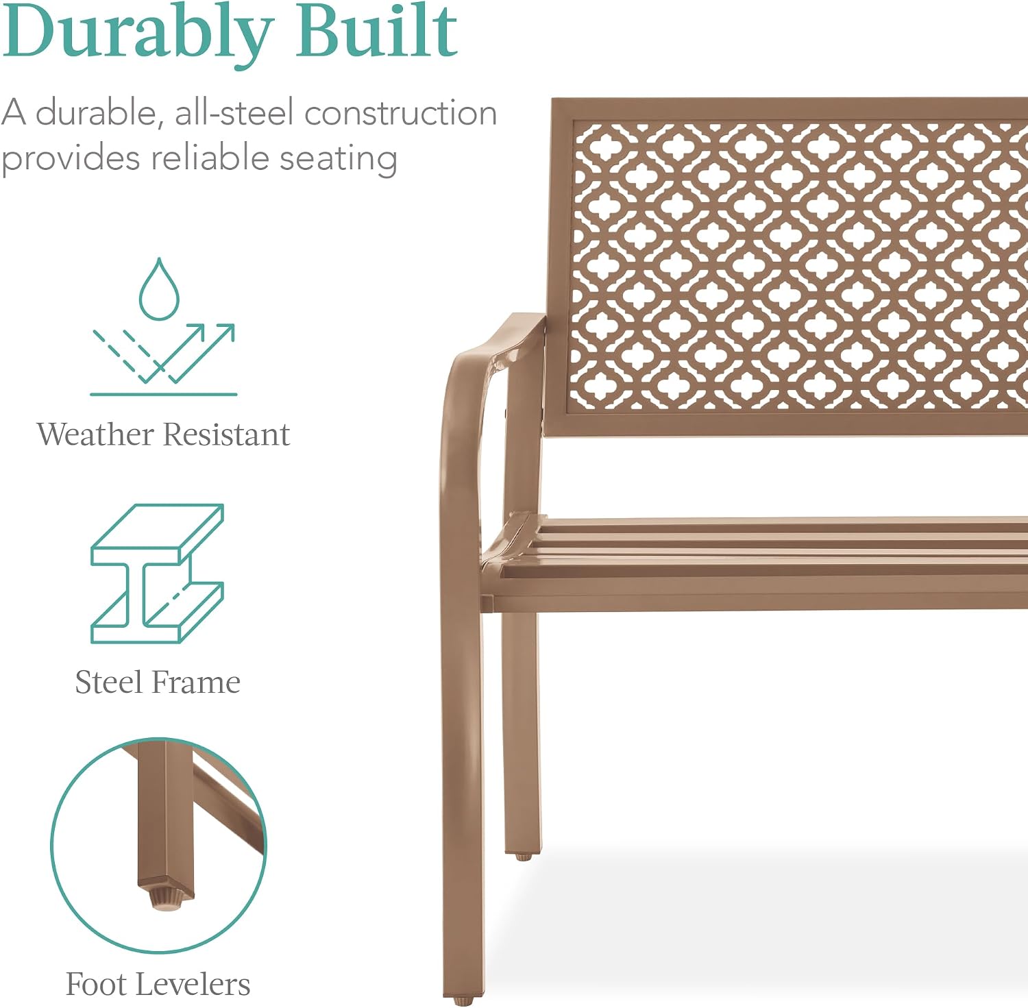 Best Choice Products Outdoor Bench 2-Person Metal Steel Benches Furniture for Garden, Patio, Porch, Entryway w/Geometric Backrest, 790lb Capacity - Taupe