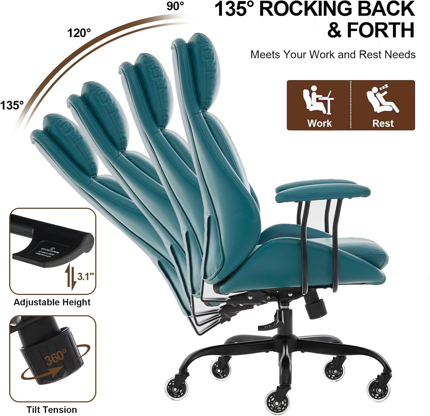 E-Motie Office Chair, Leather Desk Chair with Rubber Wheels, Ergonomic Computer Chair 500 LBS with Lumbar Support, High Back Executive Chair for Modern Home Office, Green