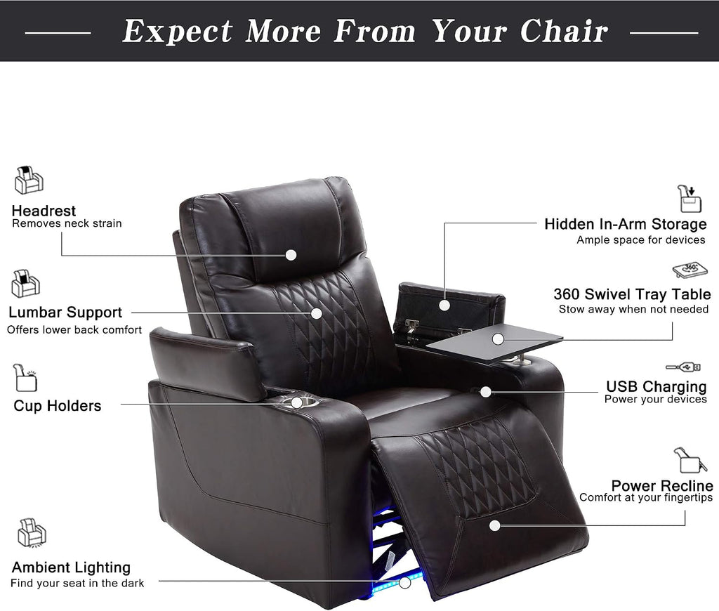 Merax Electric Recliner Chair with USB Charge Port, 360 Swivel Tray Table, Hand in-Arm Storage, and Cup Holders, Ambient Lighting - Ambient Lighting Gaming Recliner Chair Home Theater Seating (Brown)