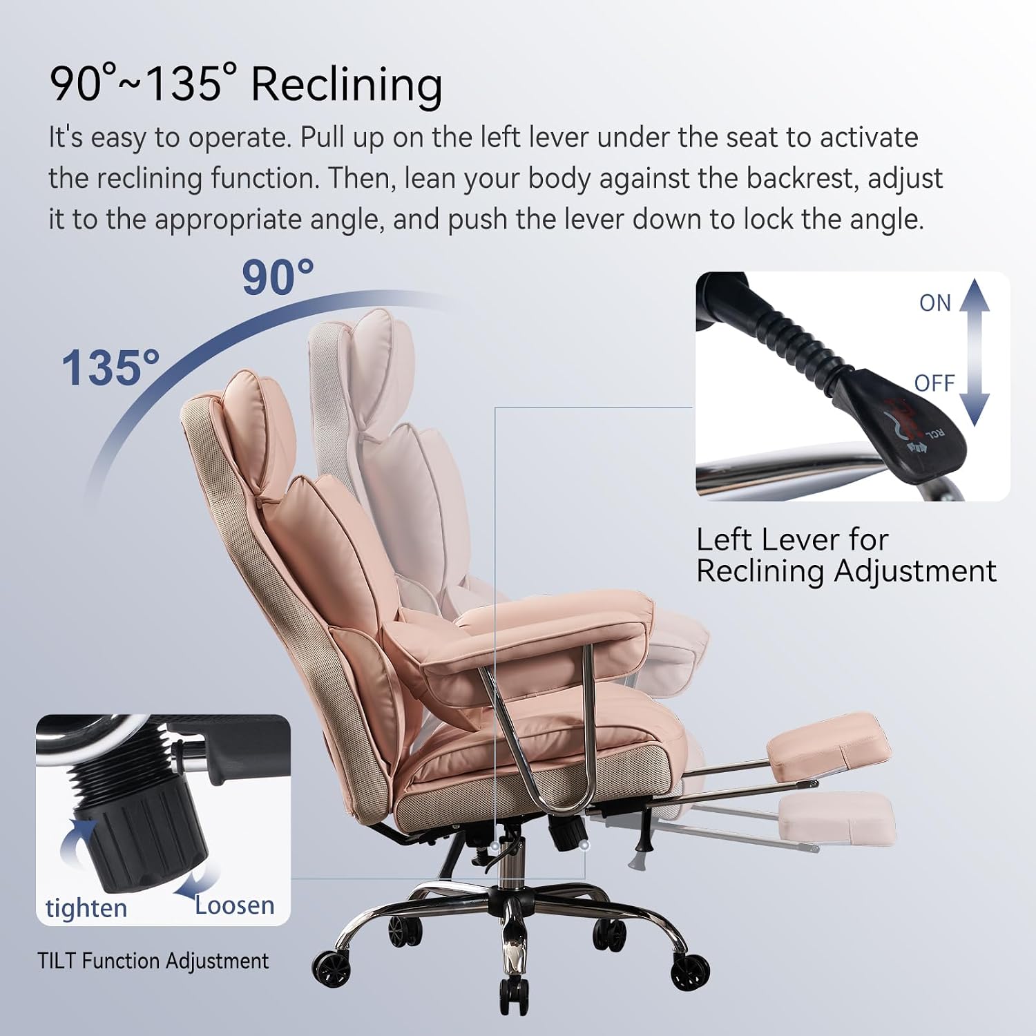 Efomao Big and Tall Office Chair, 400lbs Heavy Duty High Back Executive Chair with 23.6' Extra Wide Seat, PU Leather Desk Chair with Footrest and Padded Armrests, Pink
