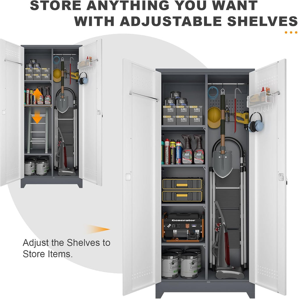Broom Storage Cabinet, Metal Cabinet with Shelves and Hanging Rod, 72.8' Utility Cabinets with Locking Door, Tall Cleaning Storage for Kitchen, Pantry, Office, Shop, Garage