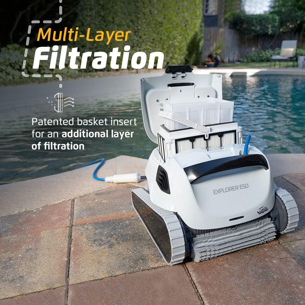 Dolphin Explorer E50 Wi-Fi Automatic Robotic Pool Vacuum Cleaner Includes Caddy for Easy Transport and Store, Ideal for Inground Pool Up to 50 Feet in Length