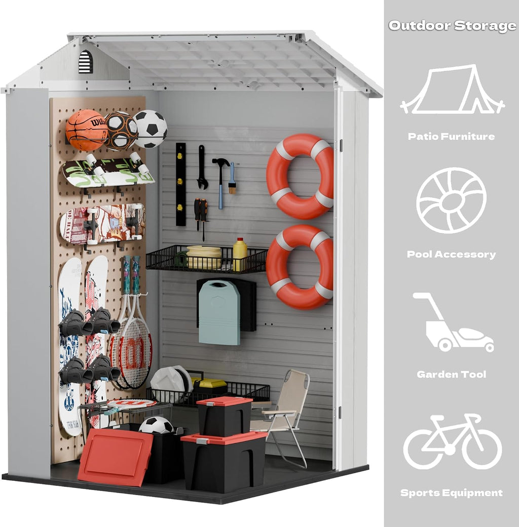 Devoko 4×4 FT Resin Storage Shed with Floor, Plastic Outdoor Garden Shed with Windows and Lockable Doors, Waterproof Outside Tool Sheds for Patio Backyard Lawn, Light Gray