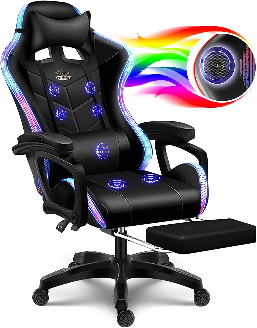 Gaming Chair with LED Lights and Speakers, Music Video Chair for Adults with Massage and Footrest, Ergonomic Chair with Headrest and Lumbar Support, Maximum Load 150KG. (All Black)