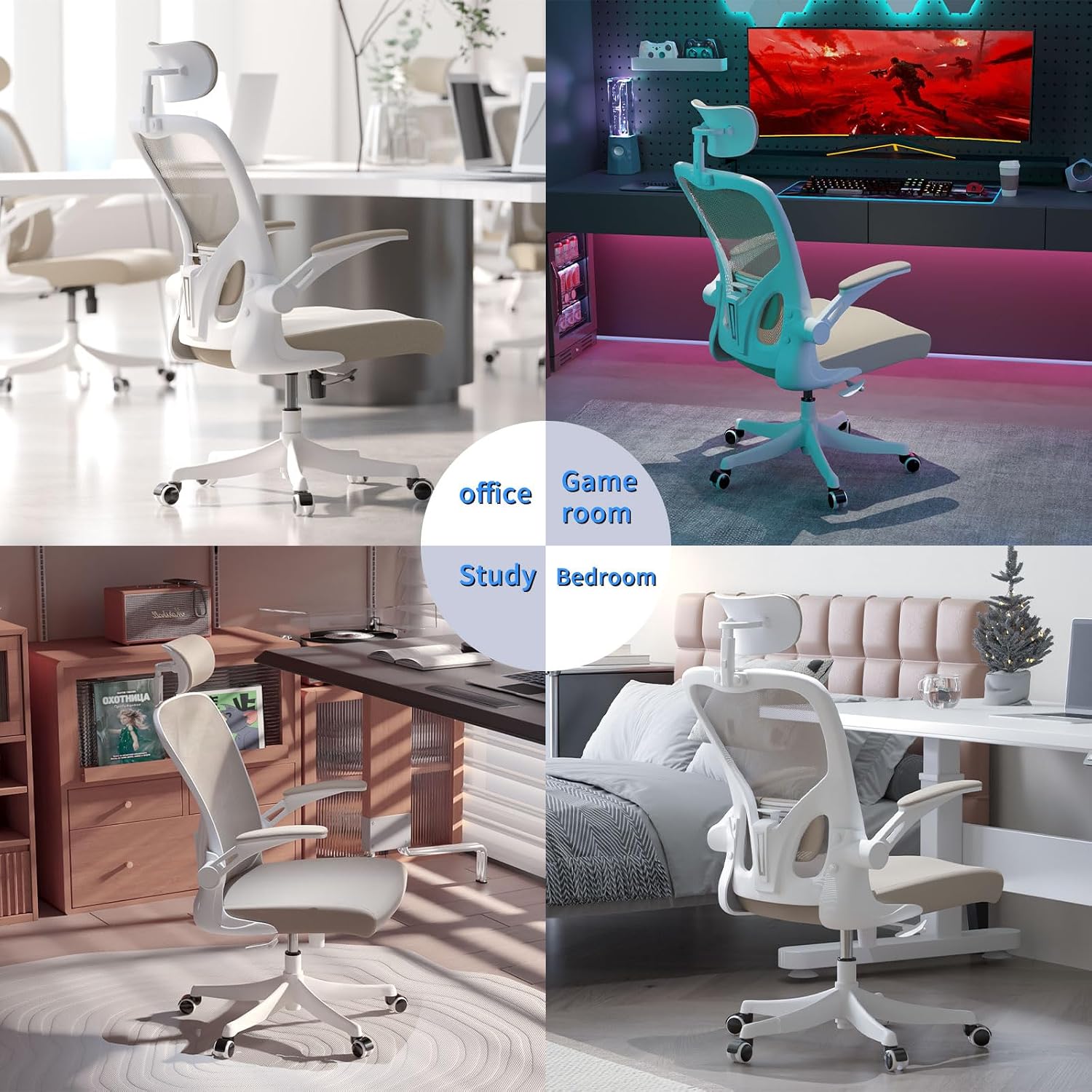 Monhey Office Chair Ergonomic Desk Chair with Lumbar Support&Headrest&Flip-up Arms Height Adjustable Rocking Swivel Computer Chair Multi-Angle from 90° to 125° with 350LBS Capacity (02White+Khaki)