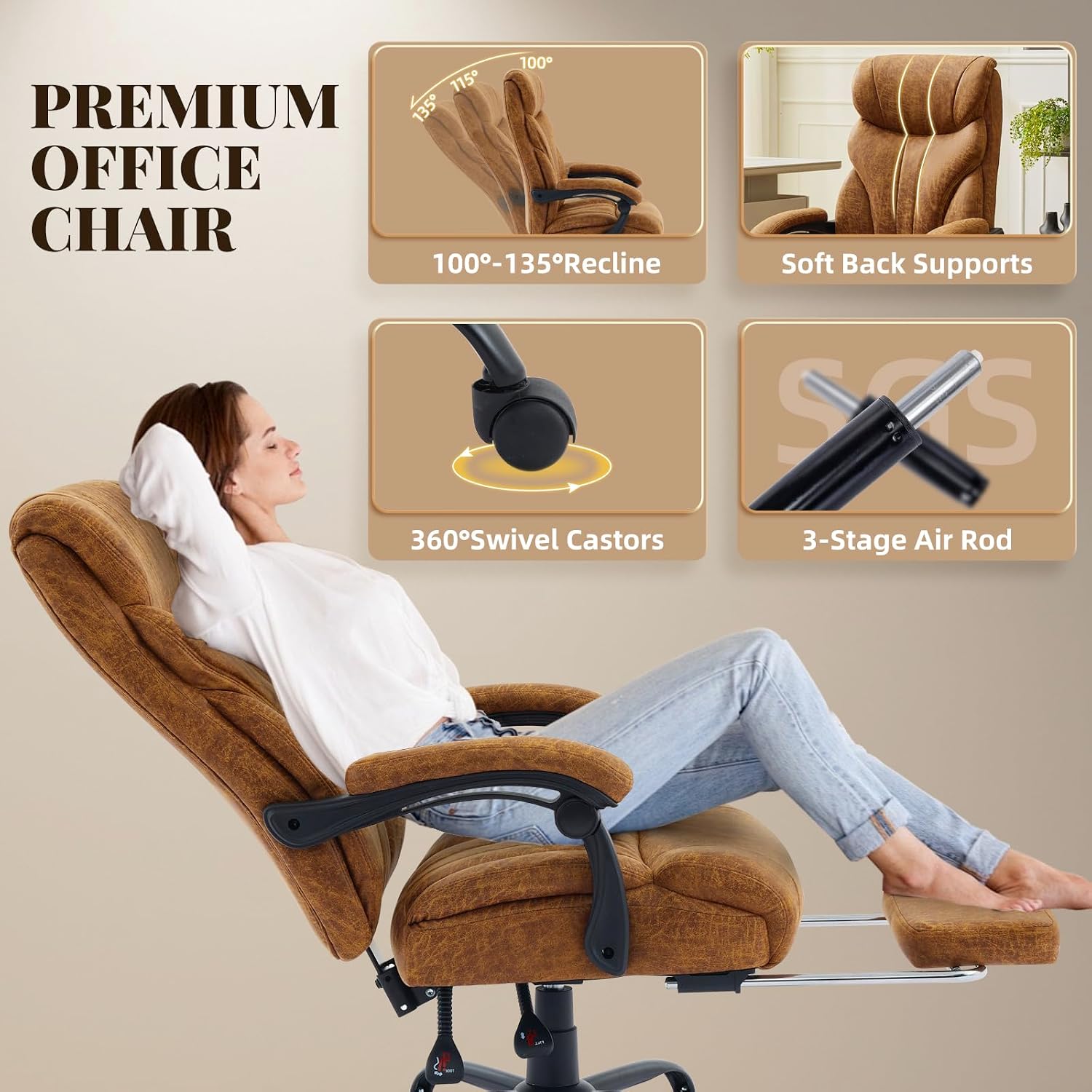 Big and Tall Office Chairs with Foot Rest,500LBS Wide Ergonomic Gaming Chair,100-135°Recline Executive Leather Computer Chairs with Adjustable Height,Brown