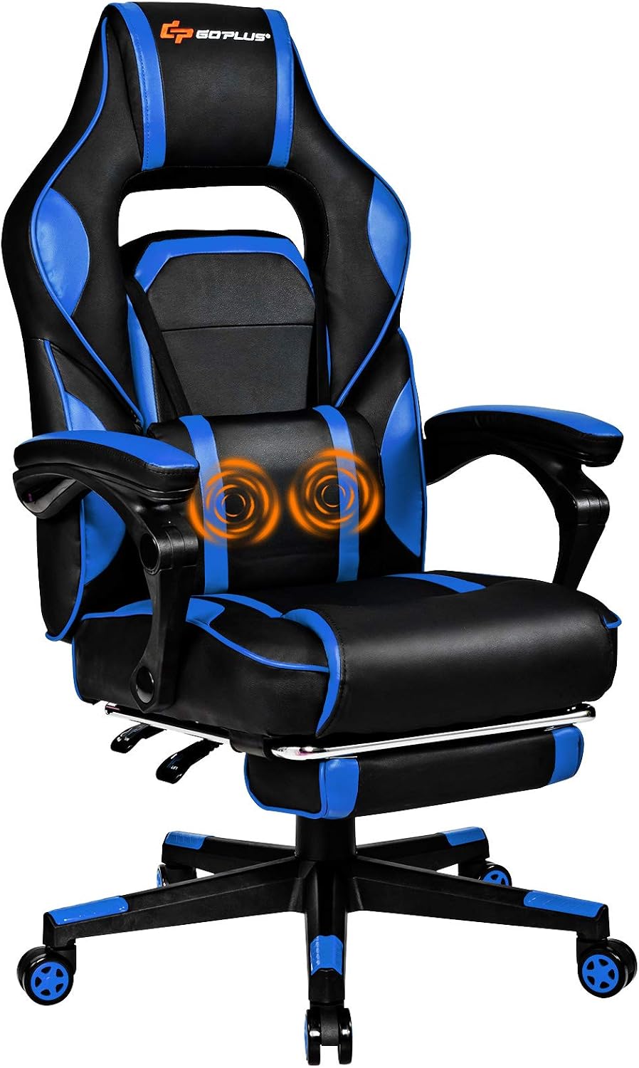 Goplus Massage Gaming Chair, Reclining Backrest, Seat Height Adjustment Racing Computer Office Chair with Footrest, Ergonomic High Back PU Swivel Game Chair (Blue)