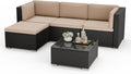 Oakcloud 5-Piece Outdoor Patio Furniture Sofa Set Black Rattan Wicker Sectional Conversation Sets with Glass Top Table and Cushions(Brown)