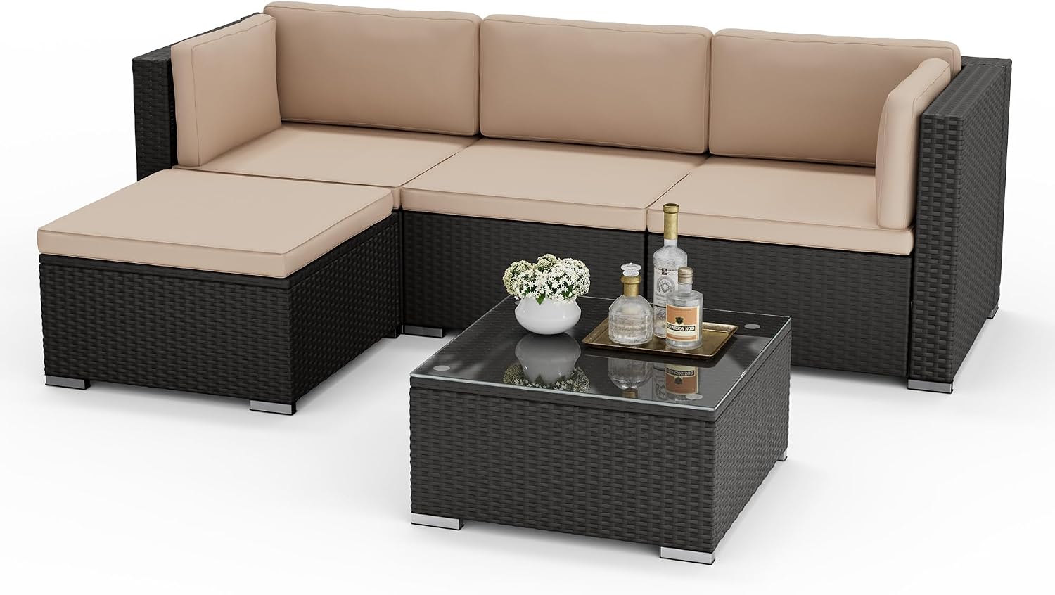 Oakcloud 5-Piece Outdoor Patio Furniture Sofa Set Black Rattan Wicker Sectional Conversation Sets with Glass Top Table and Cushions(Brown)