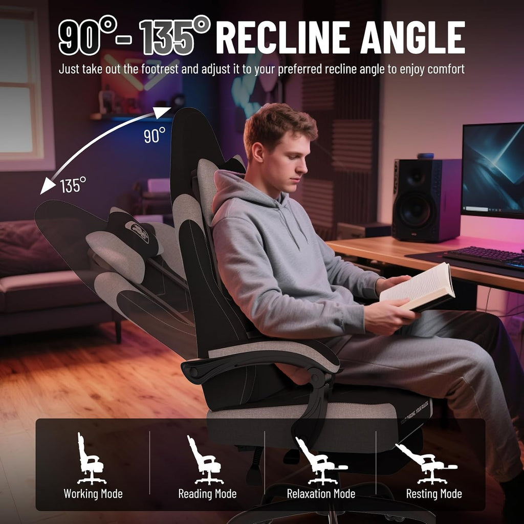 Ferghana Cotton Fabric Gaming Chair with Wider Seat Cushion, Shield-Shaped Embroidery Ergonomic High Back Game Chair with Footrest, Computer Chair with Massage Lumbar Support for Adult, Black/White