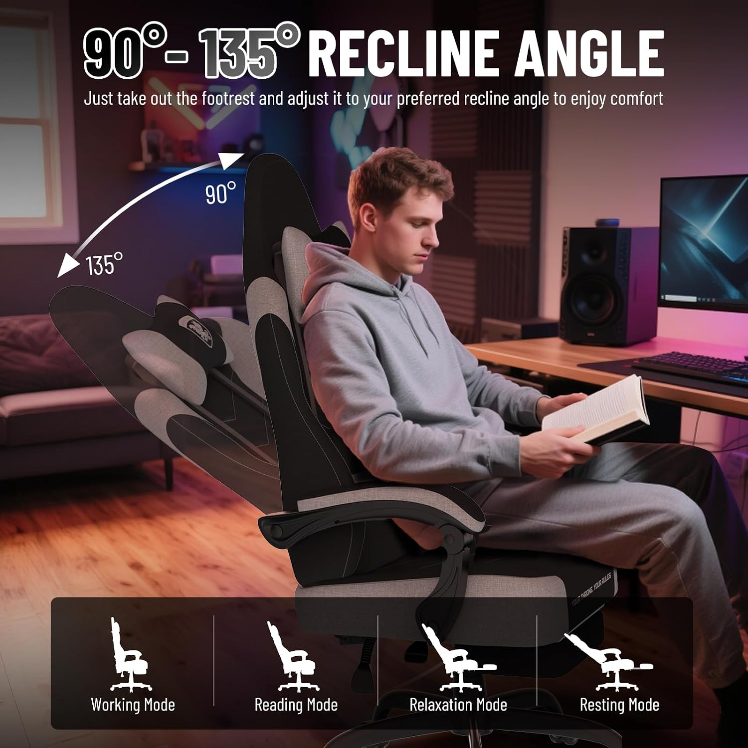 Ferghana Cotton Fabric Gaming Chair with Wider Seat Cushion, Shield-Shaped Embroidery Ergonomic High Back Game Chair with Footrest, Computer Chair with Massage Lumbar Support for Adult, Black/White