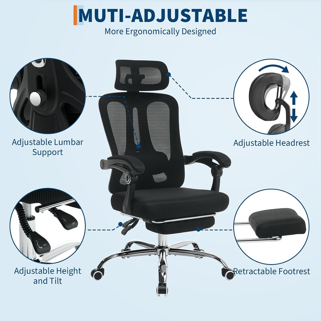 Mesh Ergonomic Office Chair with Footrest, Home Office Computer Desk Chair with Adjustable Headrest and Backrest, Comfortable Lumbar Support, Executive Desk Chair with Wheels 360 Swivel, Black