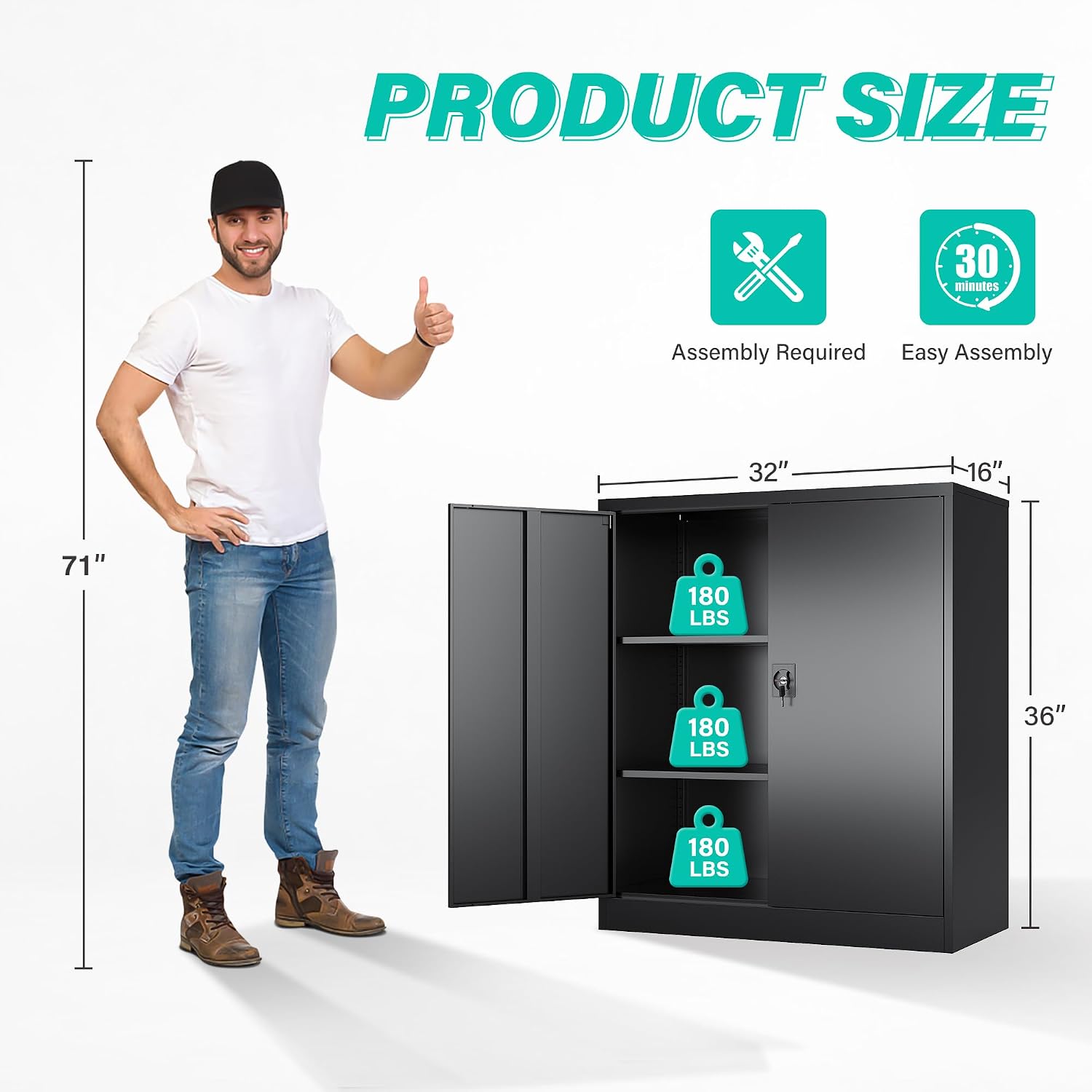 SISESOL Small Metal Storage Cabinet with Doors and Shelves,36 inch Black Locking Garage Cabinet,Lockable Short Steel Cabinets for Home,Office,Shop,Garage