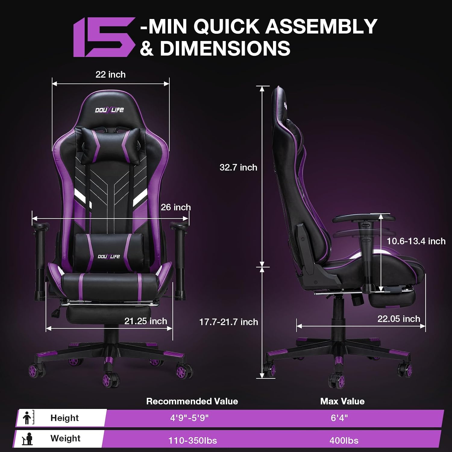 Douxlife 7-Point Massage Gaming Chair with Footrest, 400lbs Heavy Duty Ergonomic Computer Chair, 175° Reclining High Back Racing Seat for Adults with Adjustable Armrests & Lumbar Support, Purple